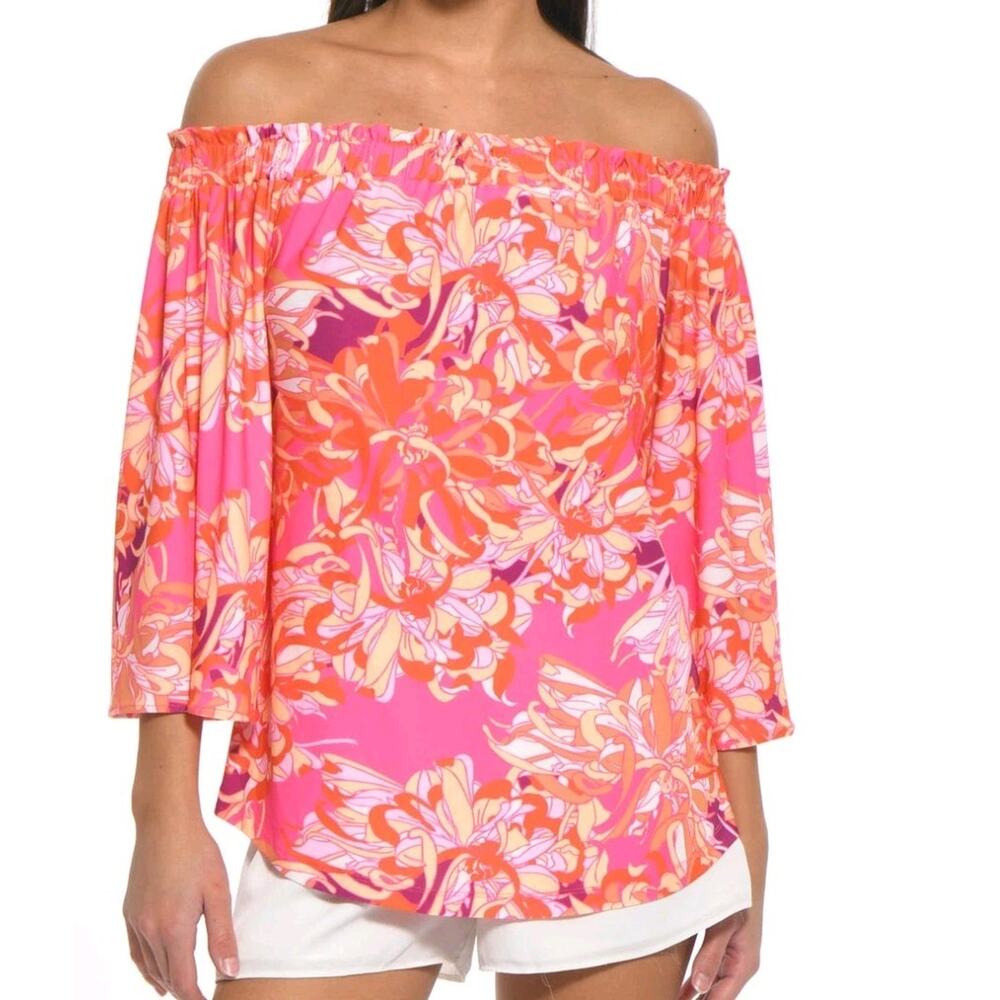 Julian Chang Andrea Island Pink‎ Orange Floral Off Shoulder Top Size M Resort
